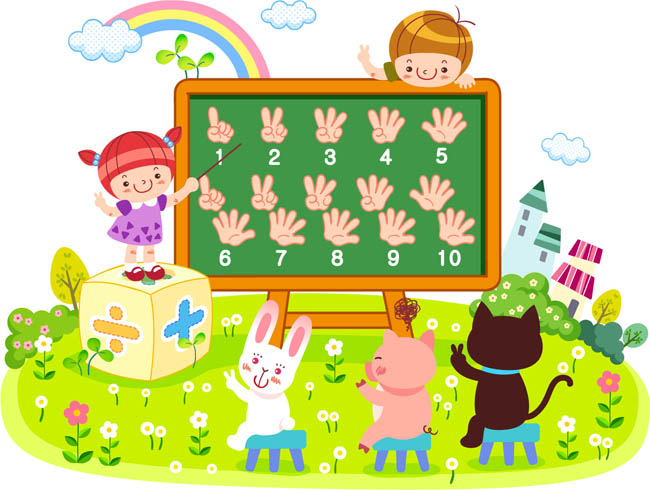 小动物，黑板前学习，数字，插画设计