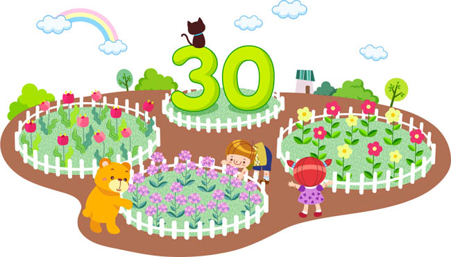 数字30，绿色春天花园造型，数学学习，创意插画设计