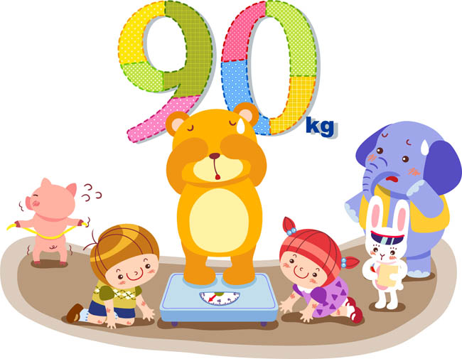 卡通小动物，称重数字90，创意插画设计，矢量素材