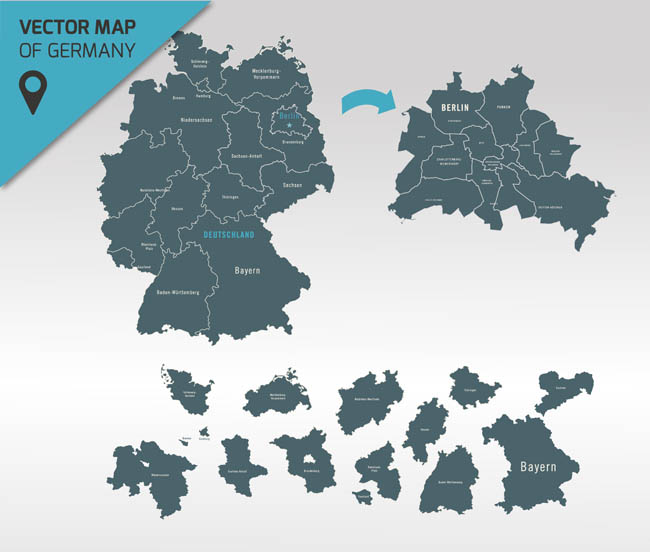 德国地图、纯色德国、各个地区、地图设计