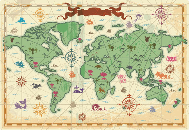 复古世界地图、各国的地理特征、标注设计