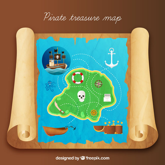 矢量复古卷纸地图、彩色海盗、地图设计