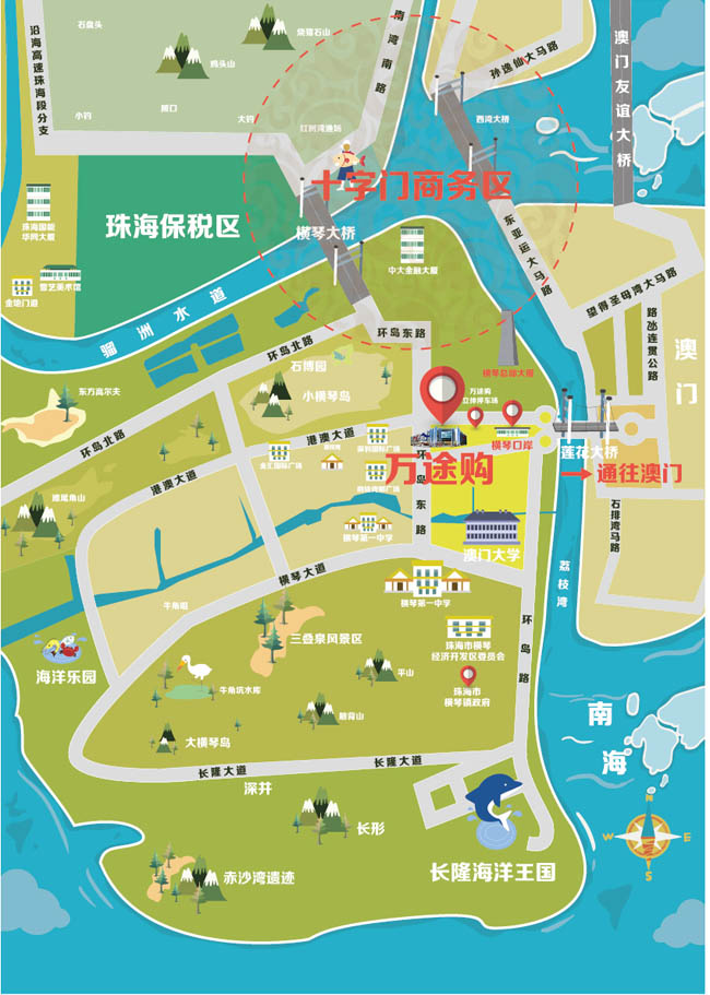 珠海城市、扁平化手绘地图设计、珠海地图 珠海城市、扁平化手绘地图设计、珠海地图