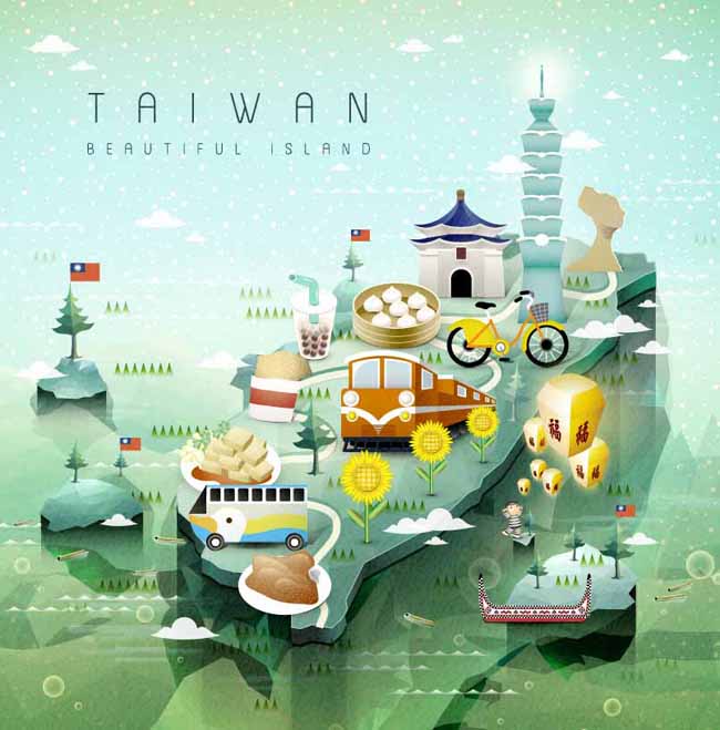 中国台湾地图、旅游地图、立体感地图设计、矢量素材