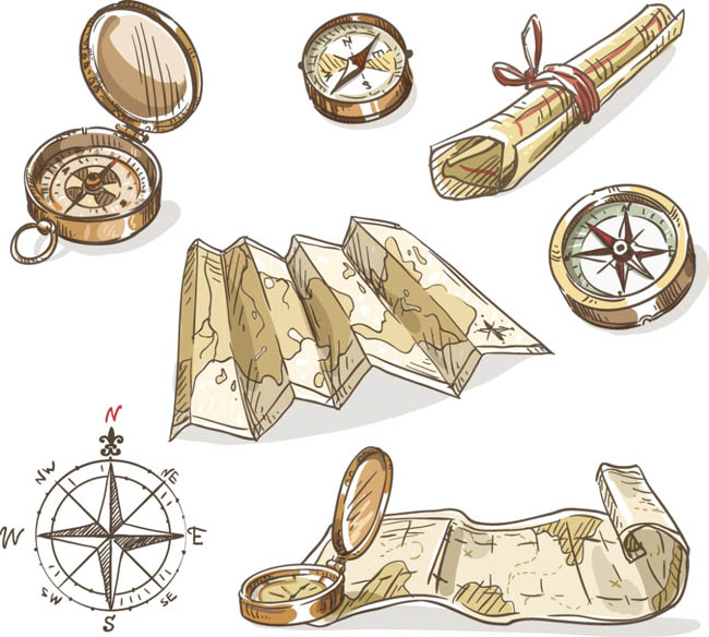 手绘航海地图、指南针、各种图标设计、矢量素材