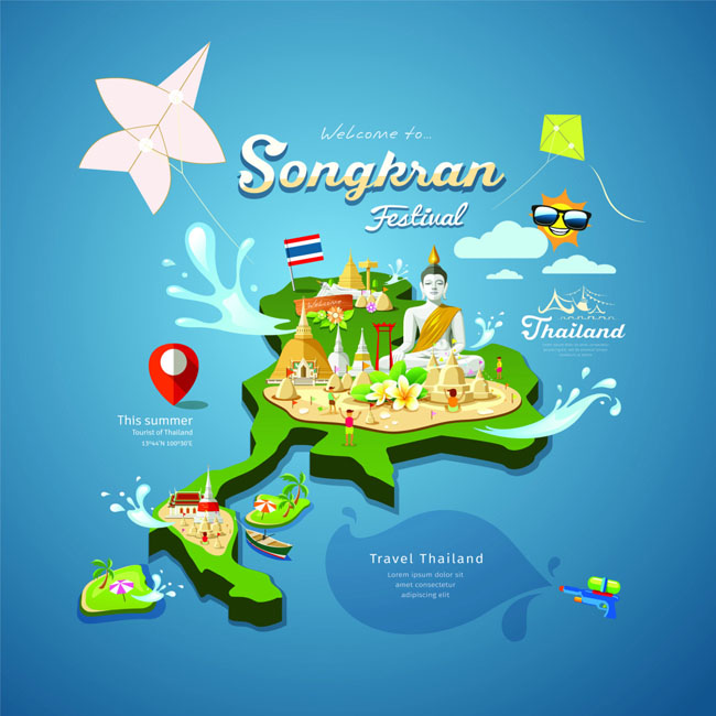 立体模型、泰国旅游地图设计、矢量素材