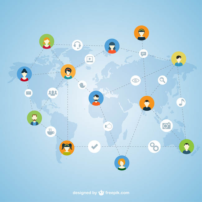 全球互联网、社交平台、扁平图标、网络连接、平面图设计