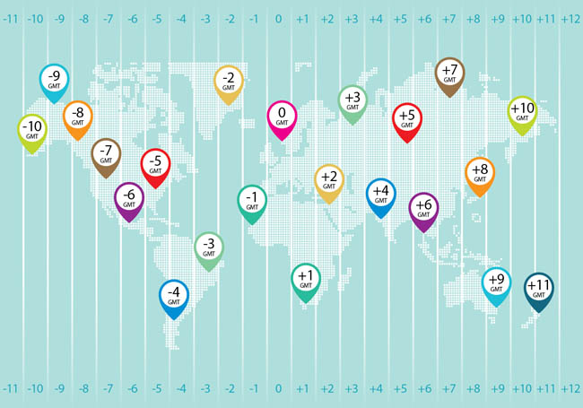 全球各时区分布、世界地图上的分布图设计素材