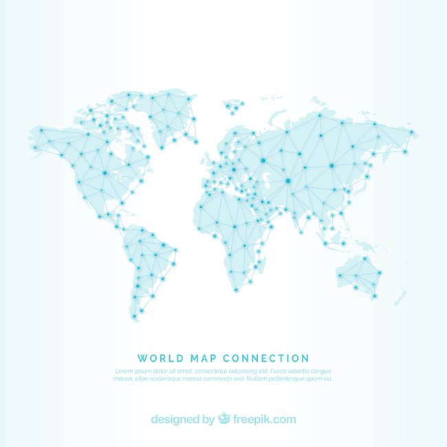 淡蓝色的世界地图、互联网线条、网络点设计素材