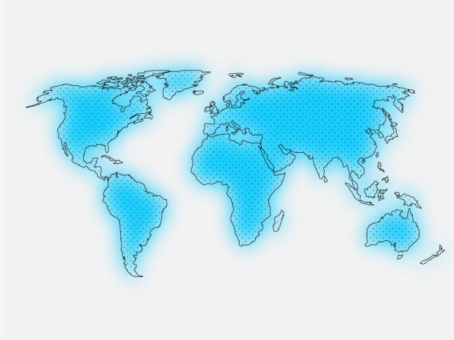 世界地图、黑色边缘绘制、点构成的地图