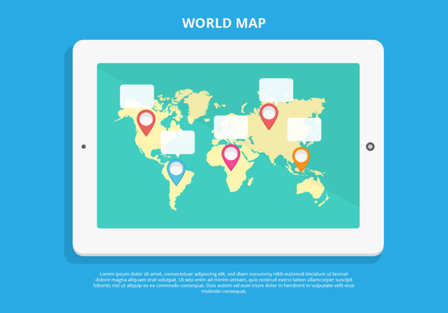 平板电脑、世界地图、地区的定位图标、对话框设计