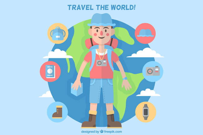 扁平人物、背包客、地球、背景的设计、环球旅游背景 扁平人物、背包客、地球、背景的设计、环球旅游背景