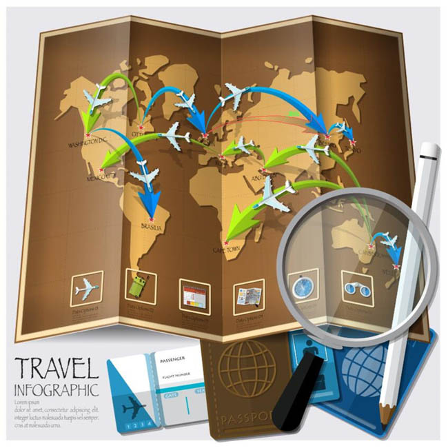 复古的世界地图、飞机旅行、航行设计素材 复古的世界地图、飞机旅行、航行设计素材