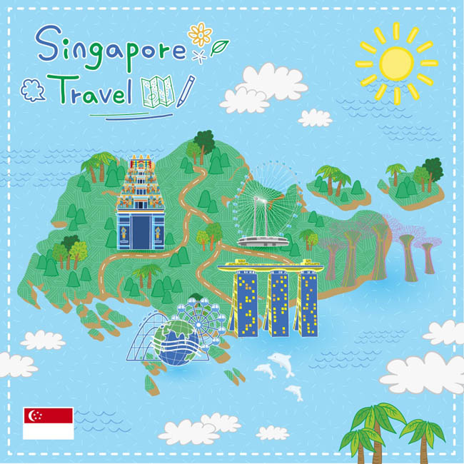 手绘卡通新加坡旅游地图、旅游景点设计素材 手绘卡通新加坡旅游地图、旅游景点设计素材