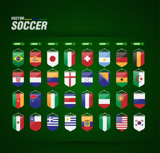 世界杯、足球赛、世界各国的挂旗、矢量素材下载