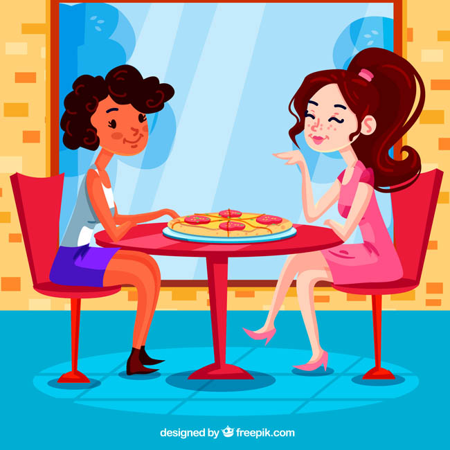 2个漂亮女孩、动漫形象、在吃披萨的场景