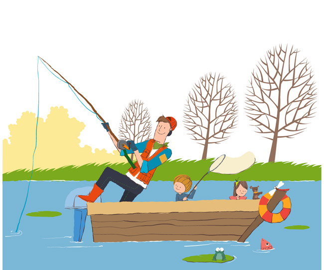 在船上钓鱼的一家人插画设计素材