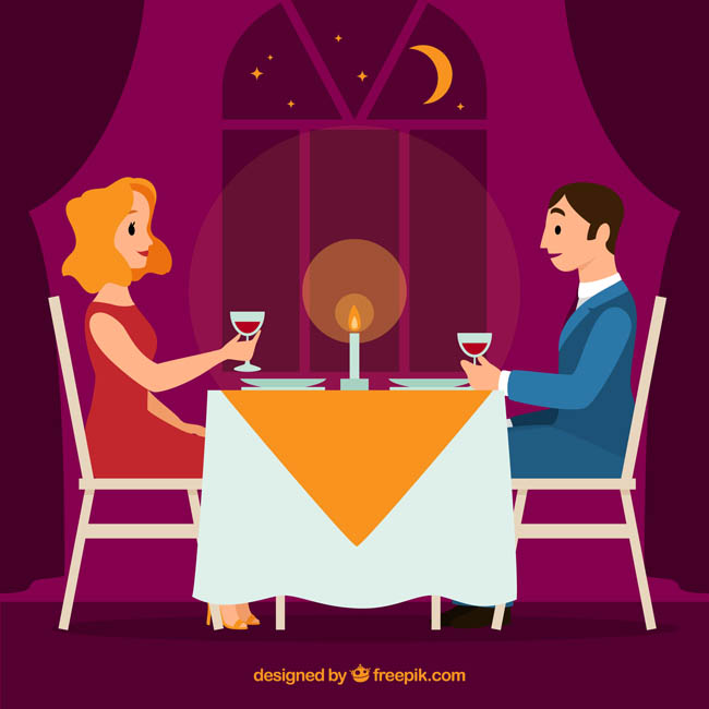 夫妻情侣在餐厅一起共餐的场景设计矢量素材