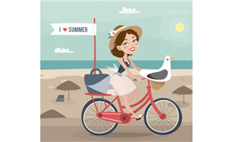 海边骑自行车的卡通动漫
