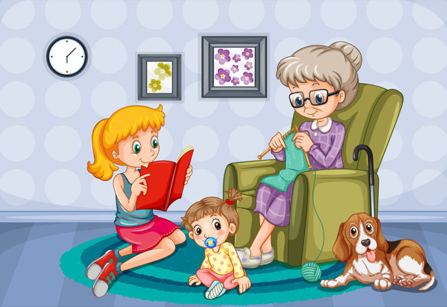 儿童围绕在奶奶身边玩耍的情景漫画设计