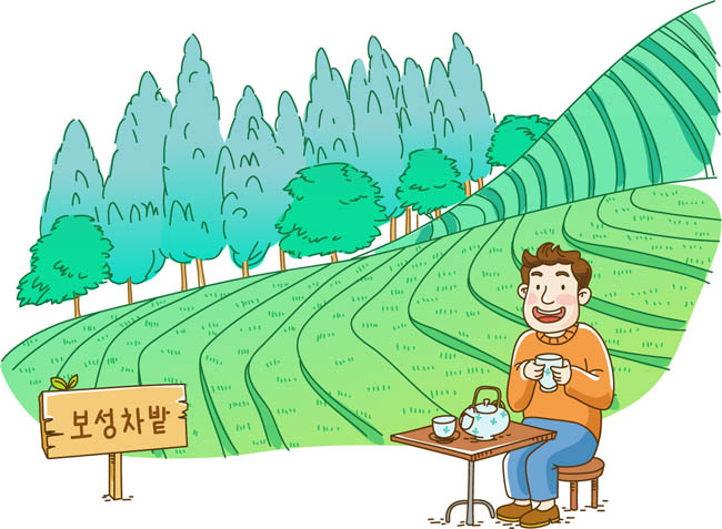 茶山旁喝茶的茶农卡通动漫人物插画