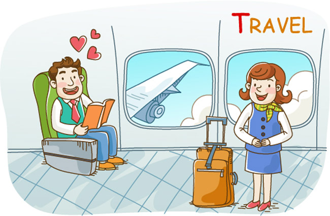 乘坐飞机的旅客场景漫画设计