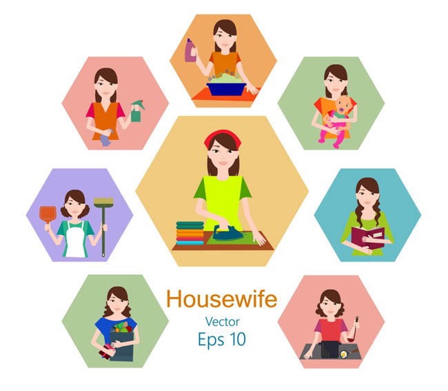 家庭主妇的卡通形象各种日常生活动作设计