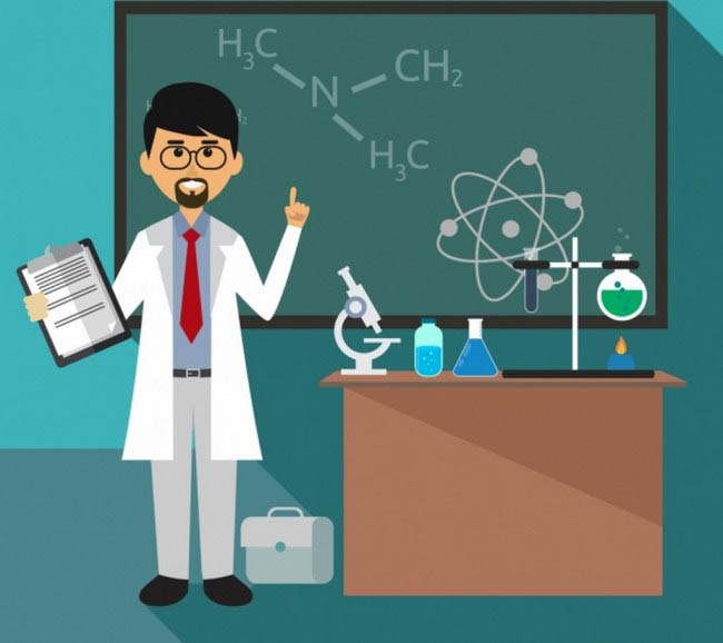 科学家在黑板前讲解科学知识的动作设计