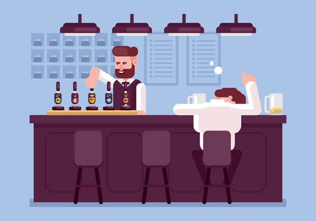 扁平化酒吧吧台喝醉酒的男子卡通形象设计