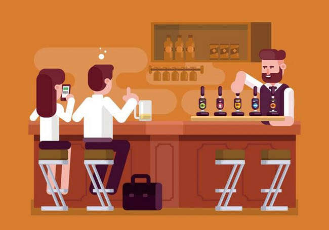 扁平化情侣在酒吧喝酒聊天的场景设计素材