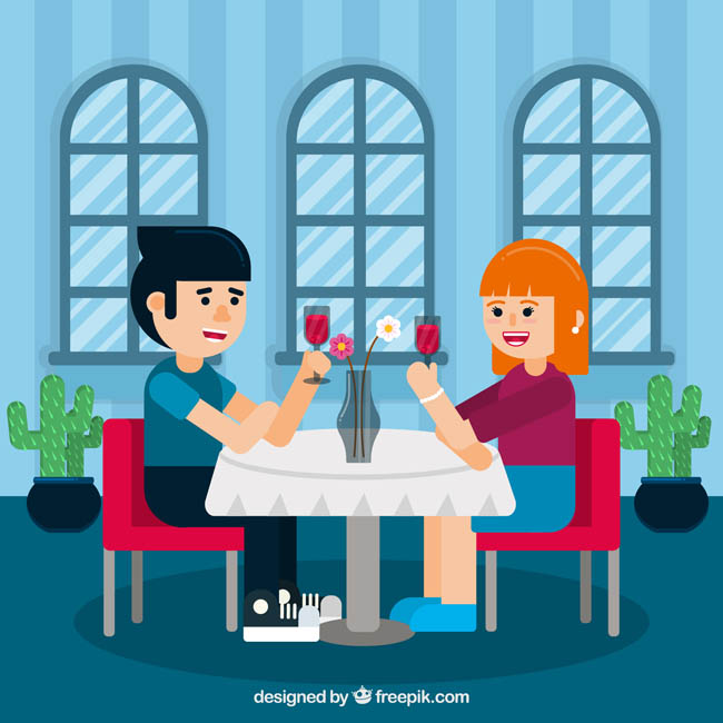 扁平化男女情侣在餐厅里面喝酒聊天的场景设计