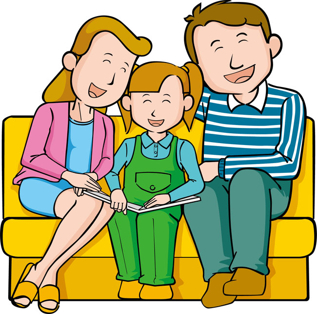 坐在沙发上的一家人微笑的对着镜头漫画设计