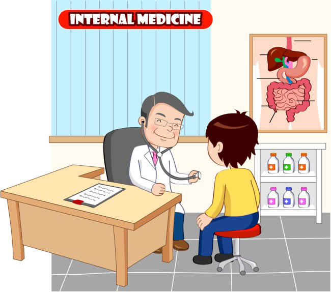 动漫卡通儿童去正在检测肠胃科就诊漫画