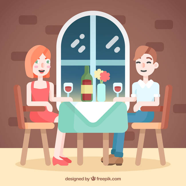 扁平化夫妻情侣在浪漫的餐厅享受二人世界