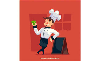厨师拿着一颗绿色苹果的