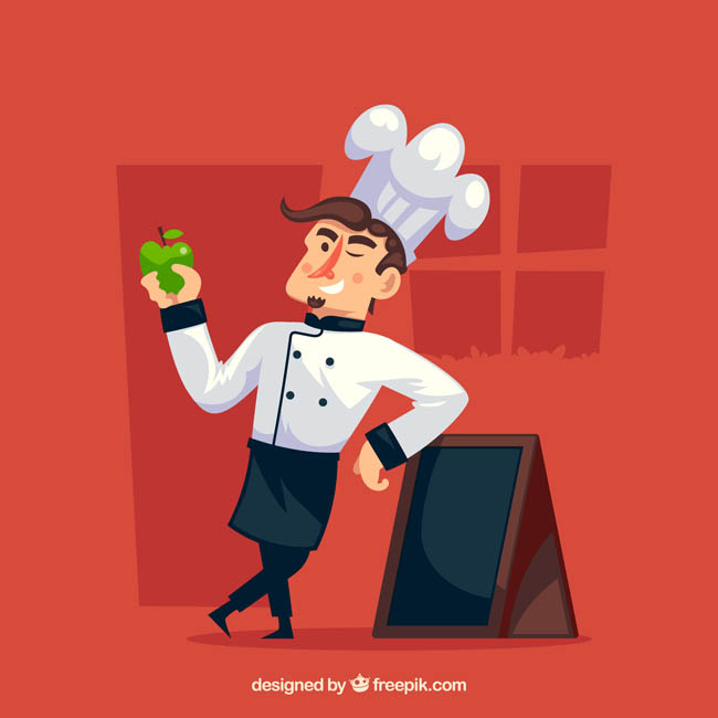 厨师拿着一颗绿色苹果的表情动作设计