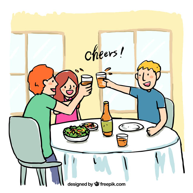 手绘漫画三个朋友在家喝酒吃饭庆祝的场景 手绘漫画三个朋友在家喝酒吃饭庆祝的场景