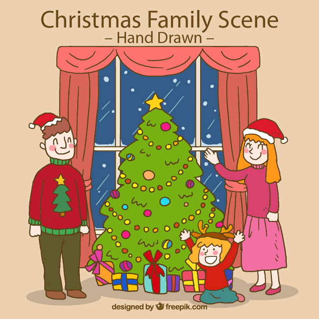手绘线条风格的圣诞树旁的一家人形象设计
