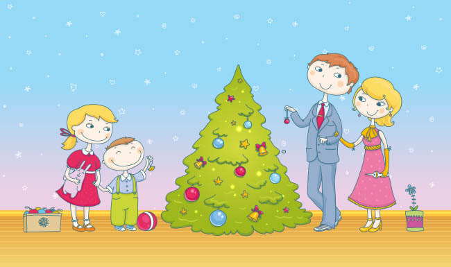 插画圣诞节背景卡通动漫人物在一起过节的情景