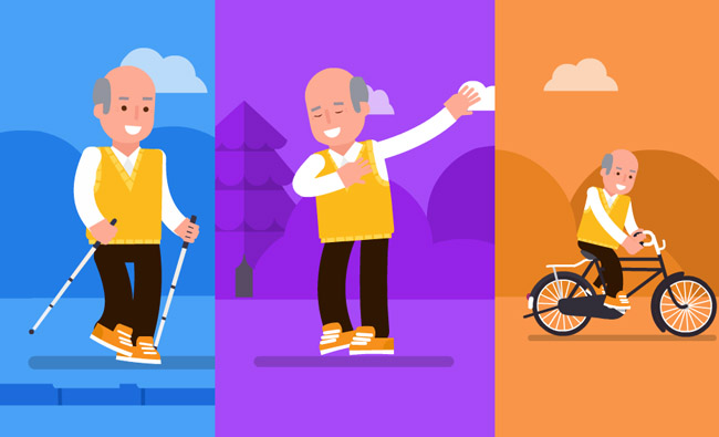 老年人各种健身运动跳舞骑自行车动作设计素材