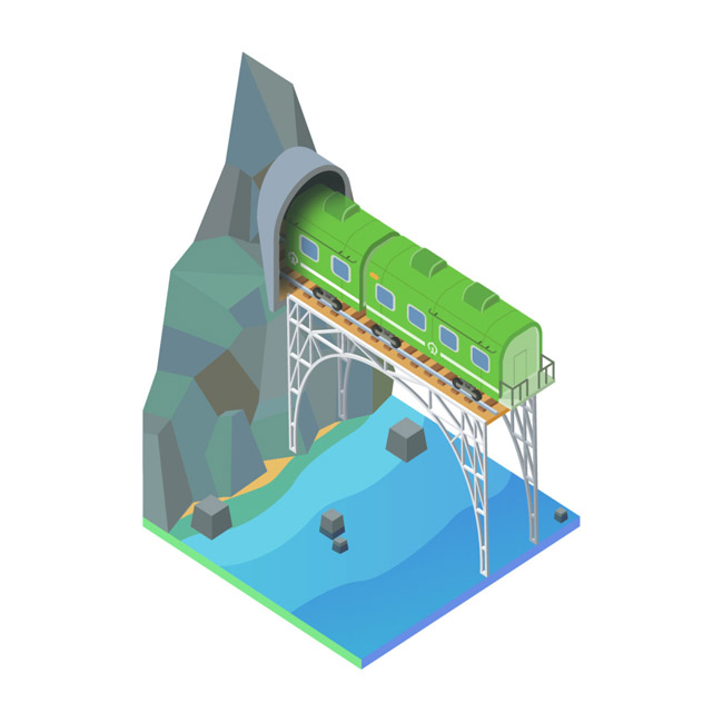 模拟穿过山洞的火车模型图设计矢量素材