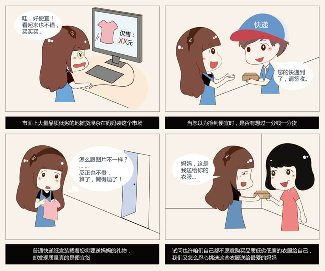 Q版的4格漫画表现购物的卡通女孩跟快递关系