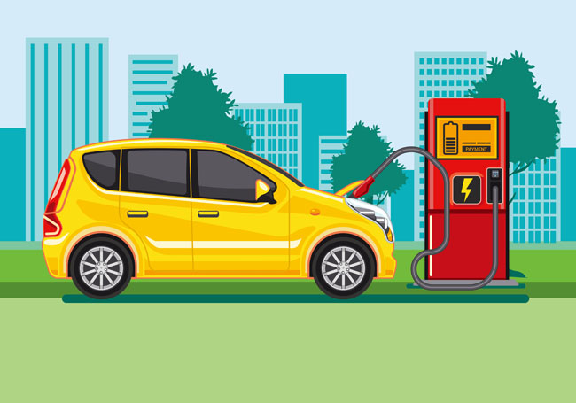 黄色车辆在加油站加油的场景设计素材