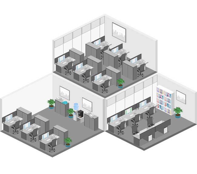 简洁的现代办公区办公场景三间房剖面图设计