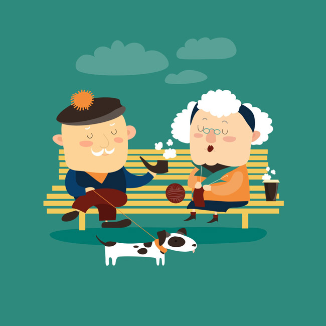扁平漫画坐在长椅上遛狗的老夫妻形象设计