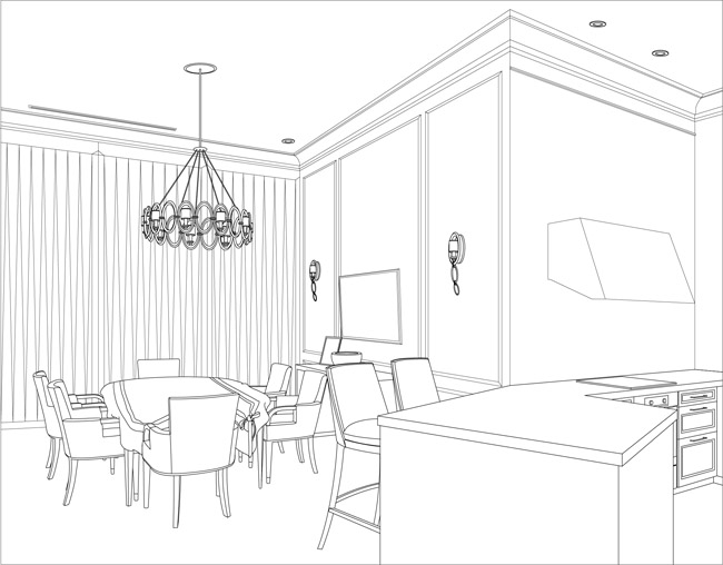 黑白线条版的客厅场景椅子桌子设计素材
