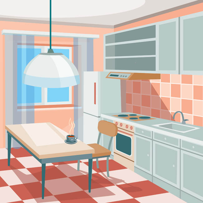 温馨的厨房橱柜餐桌场景设计矢量素材