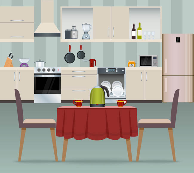 开放式的厨房与餐桌的场景设计矢量素材