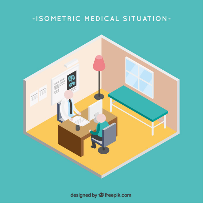 模拟医生与病人正在医务室进行交流的场景设计