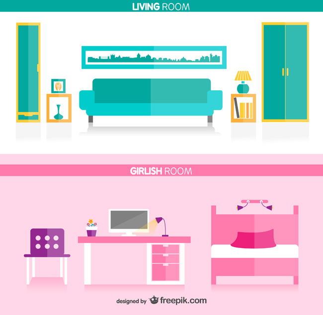 扁平化蓝色调与粉红色调的室内沙发场景设计